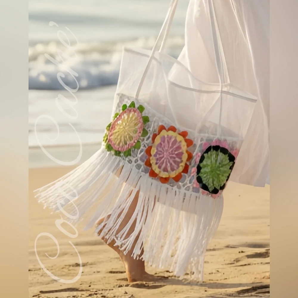 Bohemian Tote Beach Bag Crochet Flower Detail Fringe Tassels Casual Boho Purse
